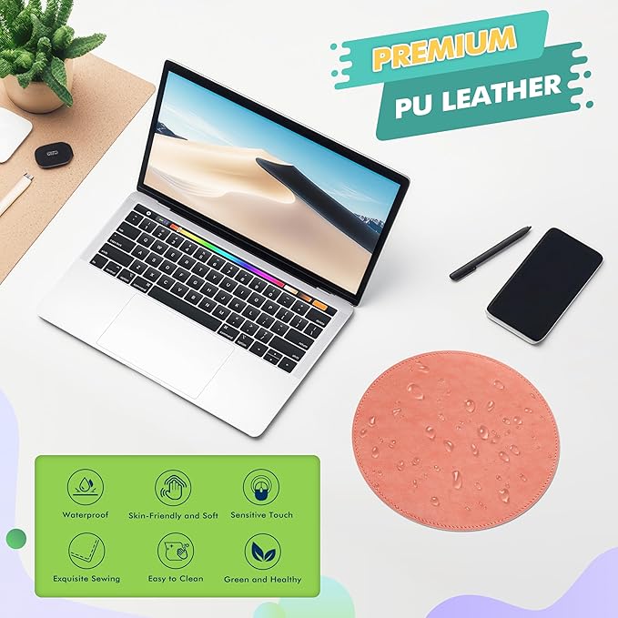 Mouse Pad，Round Mouse Pad，PU Mouse Pad，Leather Mouse Pad with Stitched Edge Micro-Fiber Base with Non-Slip Waterproof，Mouse Pad for Computers，Laptop，9 x 9 Inch (Pink)