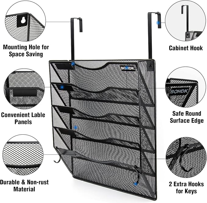 BOHDK Wall File Organizer, 5 Tire Hanging File Folder Mail Organizer, Vertical Mesh Metal Door/Wall Mount Hanging File Holder, Paper Document Magazine Rack with Hooks for Home Office Black