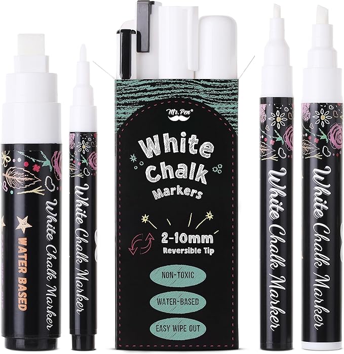 Mr. Pen- White Chalk Markers, 4 Pcs, Assorted Size, Liquid Chalk Pen for Chalkboards