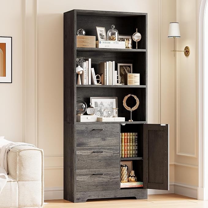 IRONCK 71 in Bookshelf with Doors and Drawers, Industrial Tall Bookcase | Engineered wood with 3-tier shelves, 3 drawers, enclosed storage, anti-tip hardware, 132 lb maximum capacity, for home office