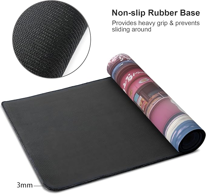 Cute Anime White Cat Gaming Mouse Pad, Blue Pink Anime Desk Mat with Anti-Slip Base & Stitched Edges, Computer Keyboard & Laptop Pad, 35.4" x 15.7" in in Workstation Accessories