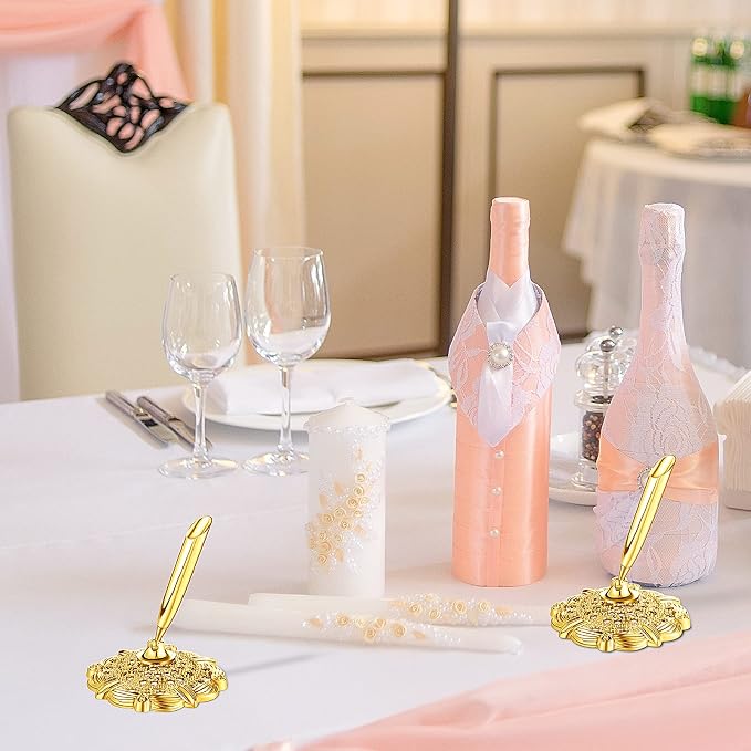 Outus 2 Pcs Gold Wedding Pens for Guest Book Signing Diamond Design | Hollow Round Holder Stand, Desk Ballpoint Pens, For Bridal Showers Wedding Bachelorette Party Engagement Reception Business