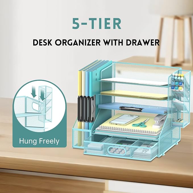 5-Tier Desk Organizer with File Holder & Pen Holder & Sliding Drawer, Blue | Mesh Metal Paper Letter Tray for Papers, Mail, Office Supplies, and Desk Accessories