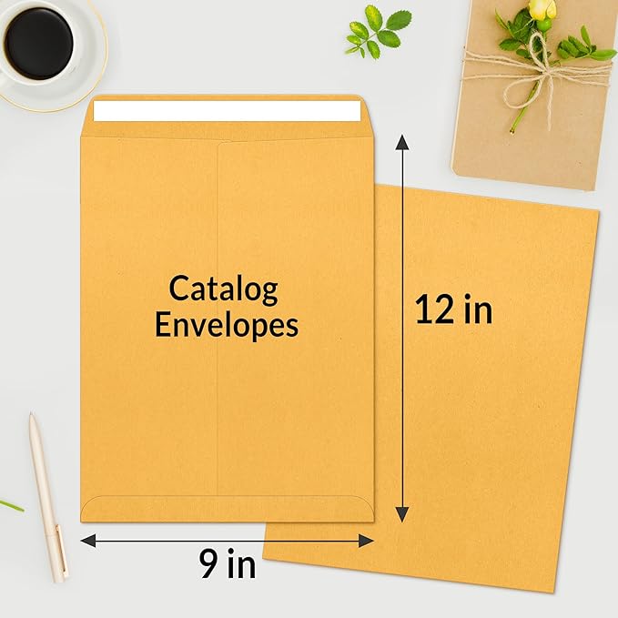SUNEE 9 x12 Manilla Envelopes, 28lb Brown Kraft, Ultra Strong Quick-Seal Security Catalog Mailing Envelopes for Flat Letter Size Documents or Photos, 250 Count