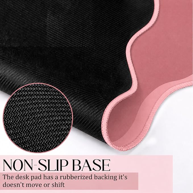 Hahafelt Scalloped Desk Mat Waterproof,Dark Pink,31.5 X 15.8 Inches | Coquette Preppy Style for School Office Makeup Vanity, Nonslip Gaming Desktop Protector with Scalloped Stitched Edge Mat