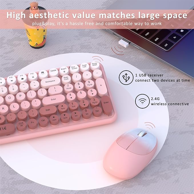 UBOTIE Wireless Keyboards and Mouse Combo (Peach Gradient) | Colorful Gradient Rainbow Color Retro Typewriter Flexible Keyboard, 2.4GHz Connection and Optical Mouse for PC Wins Mac