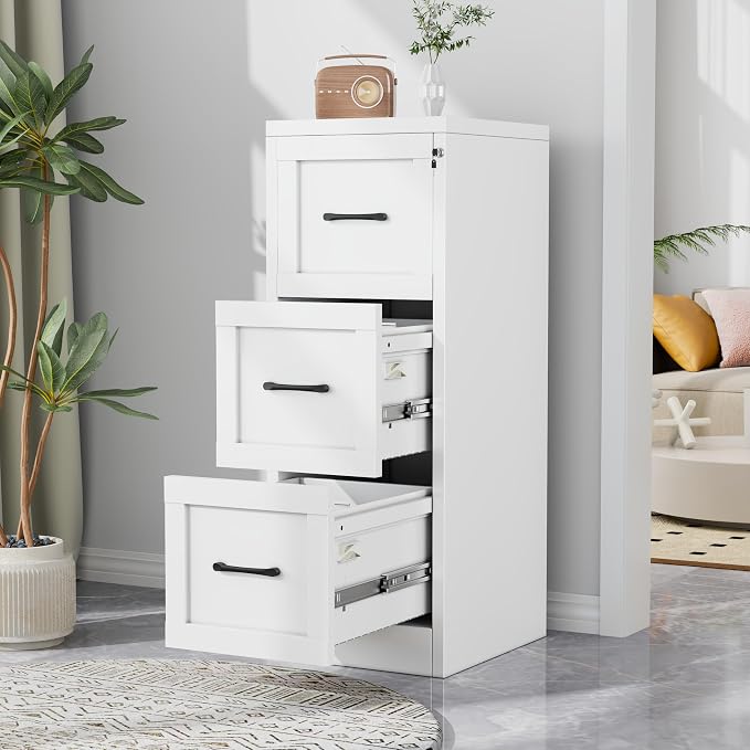 3-Drawer Metal File Cabinet with Lock, Tall Narrow Vertical, White | Tall metal filing cabinet with adjustable rails for Letter, Legal and A4 folders; one lock secures all three drawers