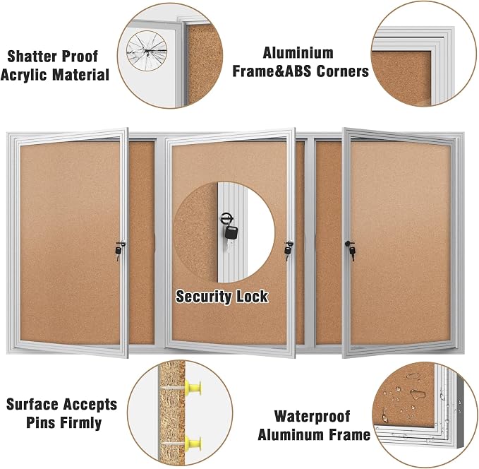 Mifuro 70"x34" Enclosed Bulletin Board, Outdoor Lockable Weather-Resistant Aluminum Cork Noticeboard for School & Office, Silver Frame w/Cork