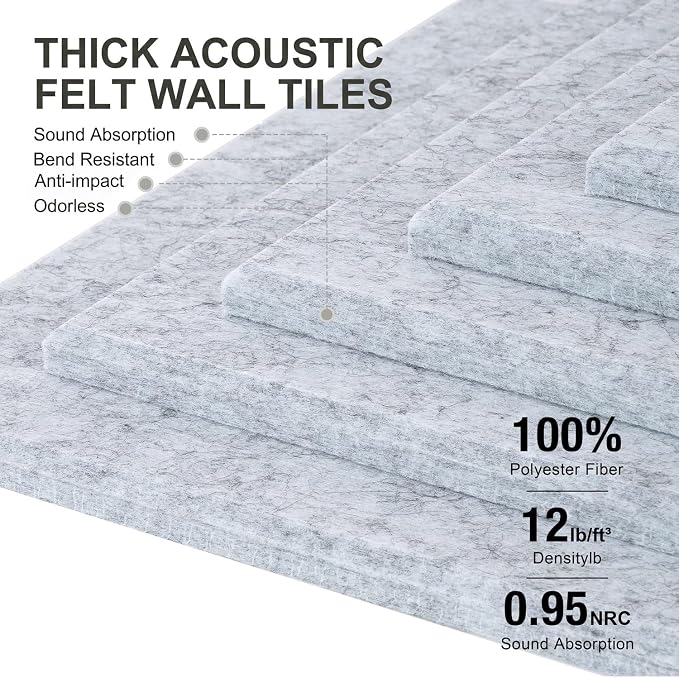 Felt Wall Tiles Bulletin Board Large Cork Board Alternative 12 Pack 11.81”x11.81”x0.47” Felt Pin Board Tack Board with Safe Removable Adhesive Tabs for Home Office School 48x36(Silver Grey)
