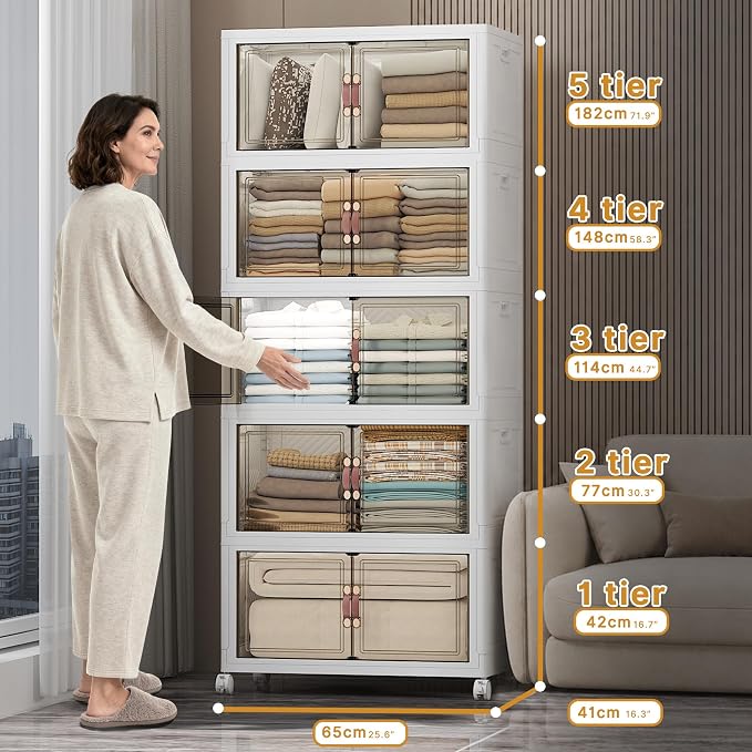 Stackable Storage Bins with Lids, 600QT Lockable Storage Cabinet | Folding Storage Box with Doors and Wheels, Collapsible Plastic Drawers for Home, Garage, Office