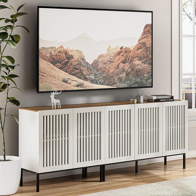 BVIUNTWO 79" Farmhouse Buffet Cabinet with Metal Base, Adjustable Shelves & 5 Doors, Antique White Storage Sideboard for Kitchen, Dining & Living Room