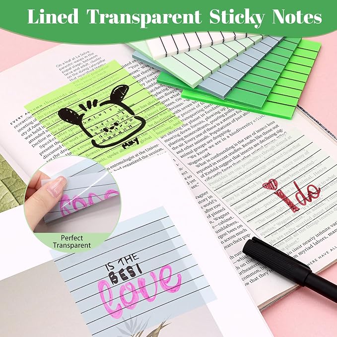 Transparent Sticky Notes Lined 300 Sheets 3"X3" Green PET Material | Clear Translucent Self-Adhesive Sticky Notes for Back to School & Office Supplies, See Through Reveals Underlying Bible Text