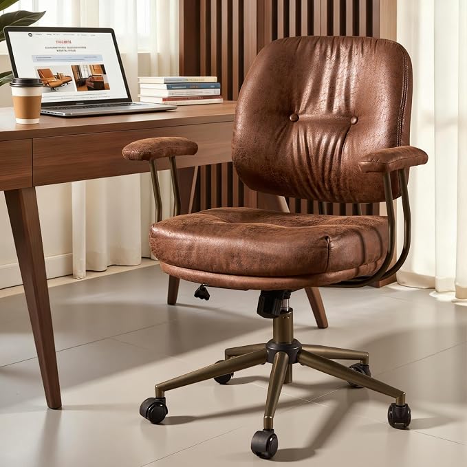ovios Home Office Chair with Thick Cushion, Mid-Century Modern Faux Leather Ergonomic Chairs, Mid Back Swivel Rolling Computer Executive Armchair (Dark Brown, Suede Leather)