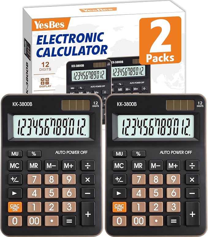 2 Pack Calculator, 12 Digit Desk Calculator with Large LCD Display & Big Buttons, Dual Power Solar & Battery, Standard Basic 4 Function Calculator
