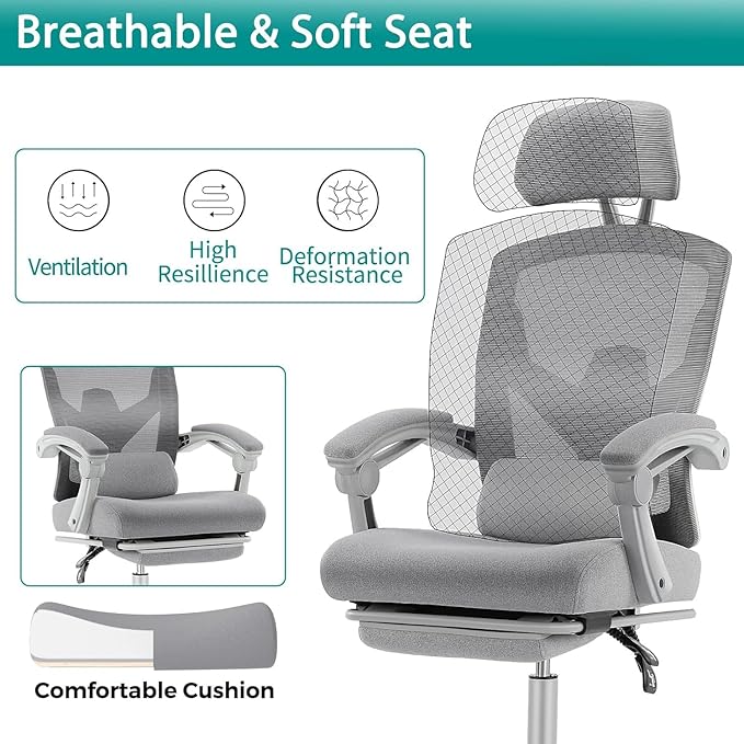 DUMOS Home Office Desk Chair with Footrest, High-Back Mesh Rolling Swivel Reclining Chairs with Wheels, Comfortable Headrest, Lumbar Support, Comfy Arms for Home, Office, Gaming, Student,Elegant Grey