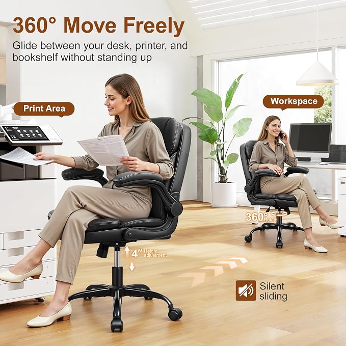 Leather Office Chair, Upgraded PU Computer Desk Chairs with Double-Layer Seat Cushion and Neckrest, 360°Swivel, Ergonomic Small Gaming Chair with Wheels Adjustable Armrests for Short People, 2 Pack