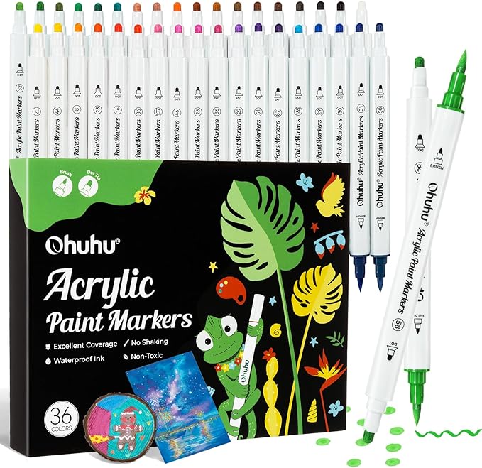 Ohuhu Acrylic Paint Markers Dual Tips: 36 Colors Brush & Dot Paint Pens High Opacity Acrylic Markers Waterproof Lightfast for Rock Painting 3D Prints Eggs Wood Glass Ceramic DIY Crafts - Akaka