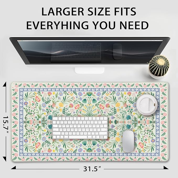 Green Floral Desk Mat Large Mouse Pad 31.5"x15.7" Non-Slip | Extended Mousepad, Non-Slip Rubber Base , Stitched Edges, for Computer/Laptop/Office/Home
