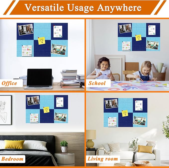 Large Square Felt Cork Board Tiles, Self Adhesive DIY Felt Bulletin Board with 35 Pushpins for Office School Home Wall Decor Stickers Memos (Dark Blue & Sky Blue)