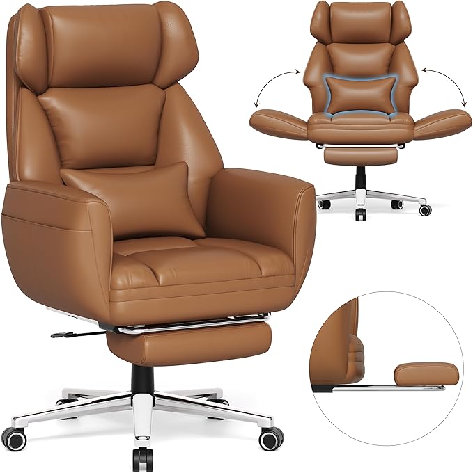 GABRYLLY Ergonomic Chair with Footrest – Wide Cross Legged Chair with Reversible Armrests, 120°Tilt, Heavy-Duty Base, Big and Tall Executive Chair Plus, Brown, GY82766