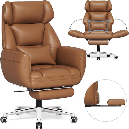 GABRYLLY Ergonomic Chair with Footrest – Wide Cross Legged Chair with Reversible Armrests, 120°Tilt, Heavy-Duty Base, Big and Tall Executive Chair Plus, Brown, GY82766