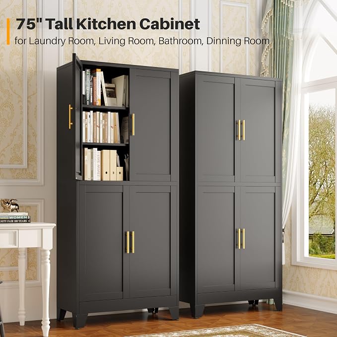 winiowa 75" Tall Kitchen Pantry Cabinet, Metal Storage Cabinet with Doors and Adjustable Shelves, Black Freestanding Pantry Cabinet for Kitchen, Dining Room, Living Room, Laundry Room, Bathroom