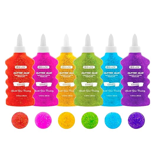 BAZIC Products Cosmic Glitter Glue, 6.76 Fl Oz, 6-Set | Washable, 6.76 Fl Oz bottle of cosmic glitter glue, Glue and glitter in one, Non-toxic, Acid-free, No-run, Bulk pack