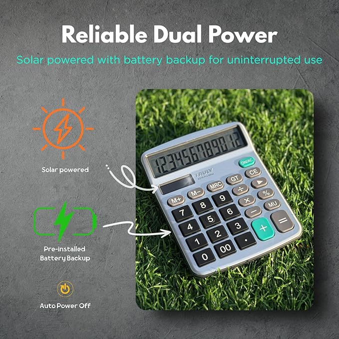 TRULY 12 Digits Desktop Calculator with Large LCD Display and Sensitive Button, Dual Solar Power and Battery, Standard Function for Office, Home, School, Metal Body, 837A Pro Silver