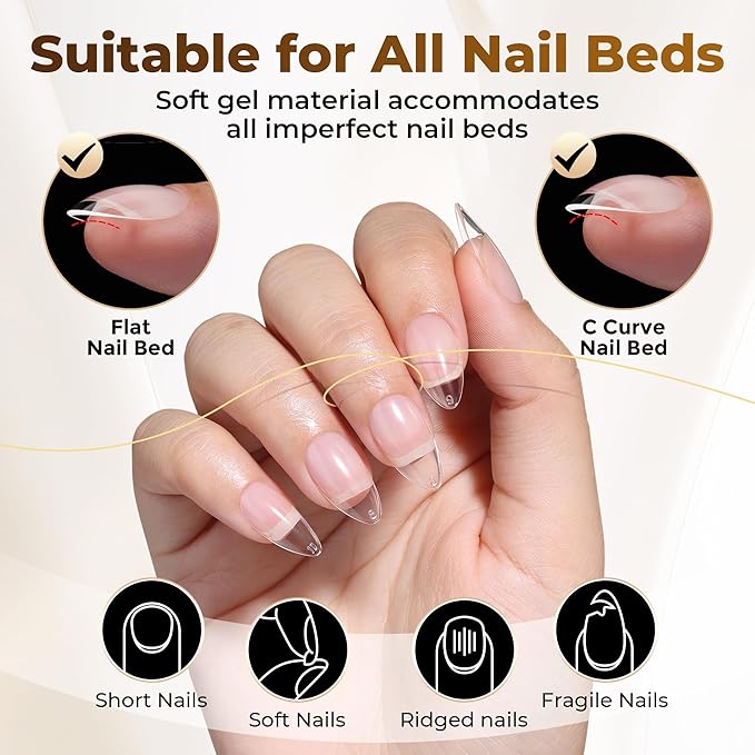 UNA GELLA Short Almond Nail Tips: 504PCS Short Fake Nails Soft Press On Gel Nail Tips Pre Shaped Almond Shape Home Nail Extension Full Cover, 12 Sizes Acrylic Gelly Tips