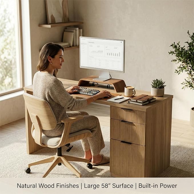 FURSUN 58" Home Office Desk with Power Outlet & File Cabinet, Modern Fluted Executive Desk with 3 Storage Drawers, Large Computer Workstation for Study & Bedroom, Natural Oak