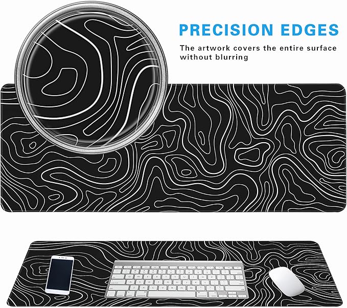Minimalist Topographic Map Mouse Pad - Contour Extended Large Stitch Edge Mousepad. Black & White Non-Slip Gaming Desk Mat 31.5x11.8inch