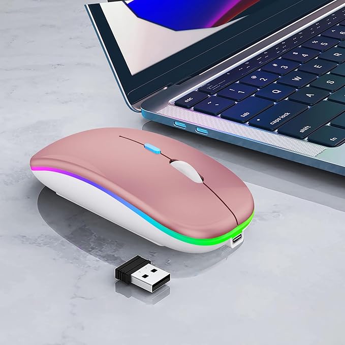 Wireless Bluetooth Mouse Rechargeable Laptop Mice with LED Lights Silent Slim Use(BT5.2 & 2.4G Portable USB) Dual Mode Computer Mouse for Laptop/iPad/Tablet/Apple/Computer/Mac(Rose Gold)