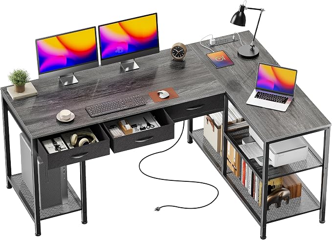 55 Inch L Shaped Office Desk with Power Outlets and Type-C Port, Large Computer Gaming Desk with 3 Fabric Drawers, Mesh Shelves, Corner Study Work Writing Desk, Grey