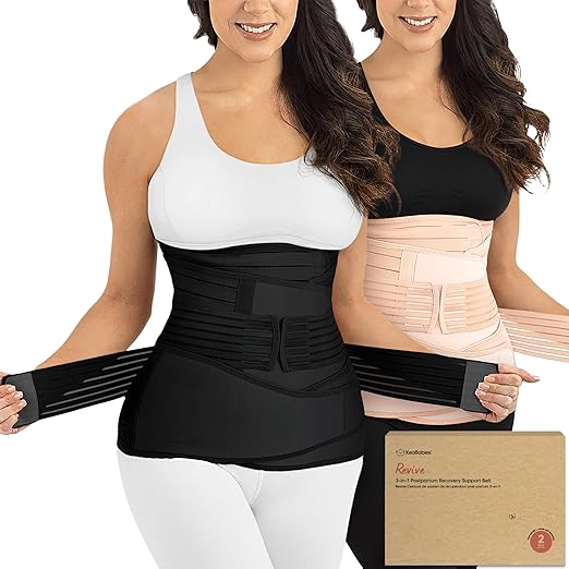 KeaBabies 3 in 1 Postpartum Belly Support Recovery Wrap – 2-Pack Postpartum Belly Band, After Birth Brace, Slimming Girdles, Waist Shapewear, Post Surgery Pregnancy Support Band (Black/Ivory, M/L)
