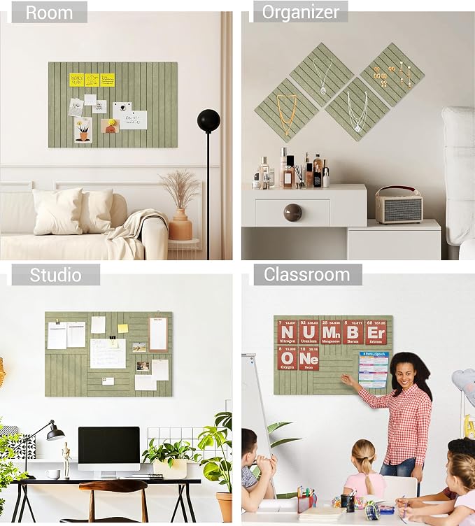 28" x 18" Felt Bulletin Board Tiles 1/2" Thick, Sage Green | 6 Pack Felt Tiles, Large Cork Board Alternative, 30 Adhesive Tabs, Pin Board for Home Office Decor with Easy Install