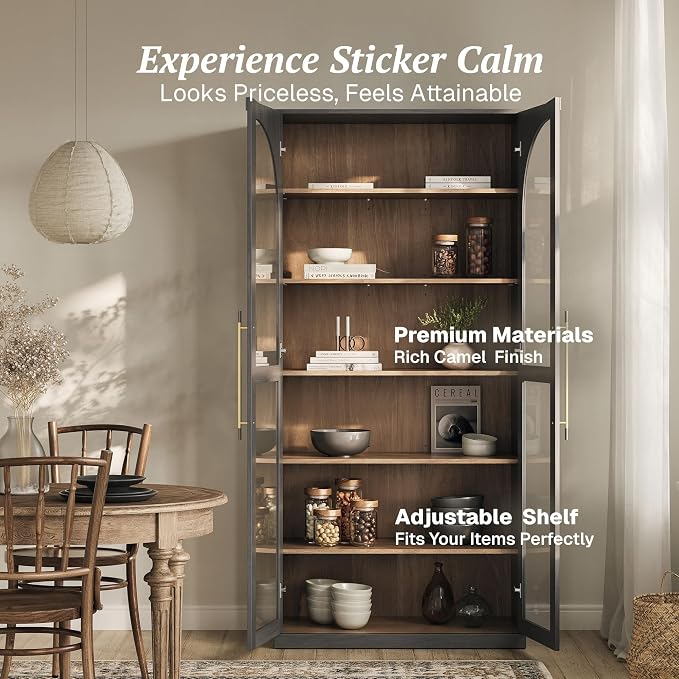 BELLEZE 67" Storage Cabinet Set of 2, 6 Shelf Glass Bookshelf Display Cabinet, Modern Wood Wine Curio Cabinets with 4 Adjustable Shelves, Trophy Display Case for Living Room, Wine, Ebony
