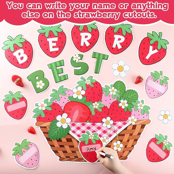 Strawberry Bulletin Board Set Back to School Classroom Decorations Summer Berry Flower Border Pink Sweet Fruit Name Tags Paper Cutouts for Teacher Strawberry School Supplies Chalkboard Wall Door Decor