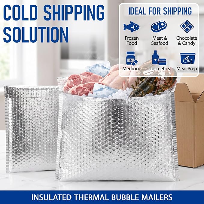 50 Pack 24 x 20 Inch Insulated Bubble Mailers, Silver | Self Adhesive Closure, Foil Lined Interior, Padded Cushioning, Waterproof, Cold Delivery Packing, for Food and Cosmetics