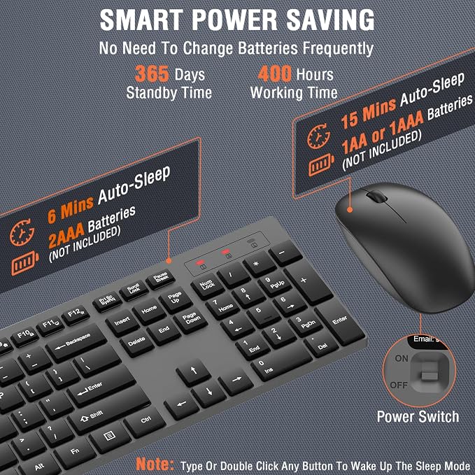Wireless Keyboard and Mouse Combo, EDJO Silent Full Size Cordless USB Keyboard Mouse, 2.4GHz Lag-Free, Long Battery Life, for Computer, Laptop, PC, Chromebook, Windows (Grey, 1 Pack)