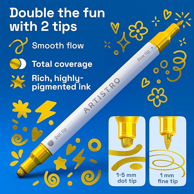 ARTISTRO 5 Gold Acrylic Paint Markers for Rock, Fabric, Wood, Glass, Eggs - Dual-Tip Paint Pens for Coloring Books for Adults, Teens, Kids - Art & Craft Supplies - Gift Idea - Easter Basket Stuffers