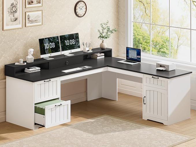 SEDETA Farmhouse 63" L Shaped Desk with Drawers and Storage Cabinet | Office Desk with File Drawers, Wood Corner Computer Desk with Storage, Home Office Desk with Monitor Stand,Black and White