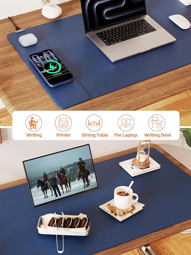 TopMade Mouse Pad with 15W Wireless Charging, XXL Large Leather Desk Mat, Waterproof Gaming Mousepad Home Office Desk Pad Protector, Computer Keyboard Pad, Mouse Mat for MacBook, PC, Laptop, Blue