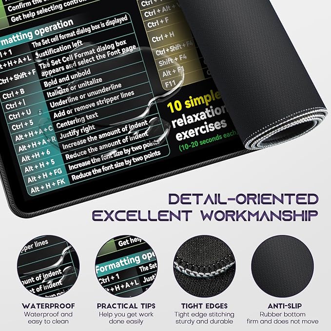 Excel Cheat Sheet Desk pad|excel Mouse pad|Contains Excel Shortcut Keys,Lager Mouse pad for Desk| XL（31.5 * 11.8in） Size|Desk mat for Keyboard and Mouse|Mouse Pads|Waterproof、Anti-Slip、Smooth