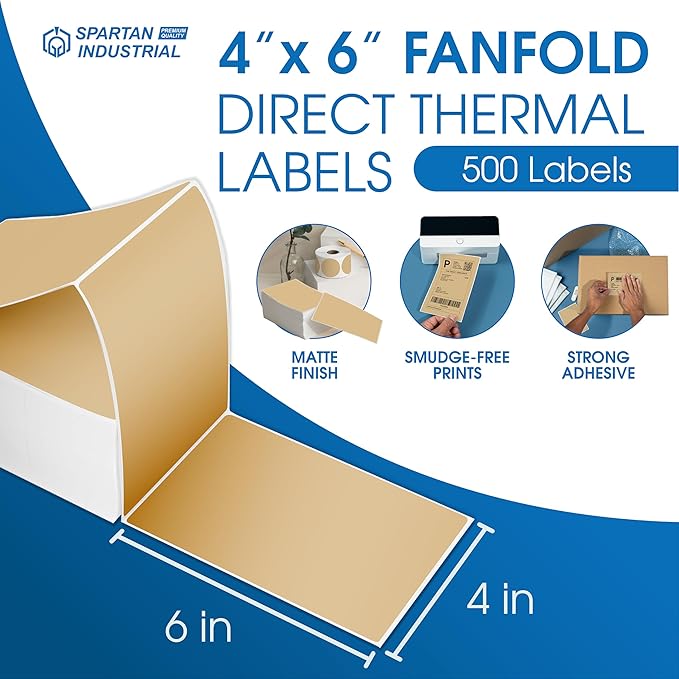 Spartan Industrial - 4" X 6" Brown Direct Thermal Fanfold Labels (500 Count, 1 Stack) - Printable Postage Shipping Labels, Package Identification - Compatible with Zebra and Rollo Printers
