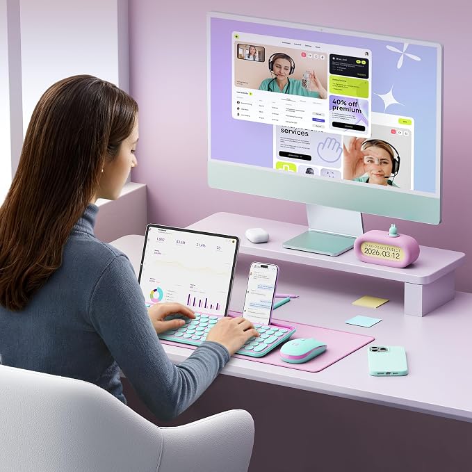 seenda CTU-301 Bluetooth Keyboard and Mouse Combo for iPad,Green&Pink | Bluetooth+2.4G combo with tablet holder, full-size keys and quiet clicks for iPad, iPhone, Mac, Windows and Android.