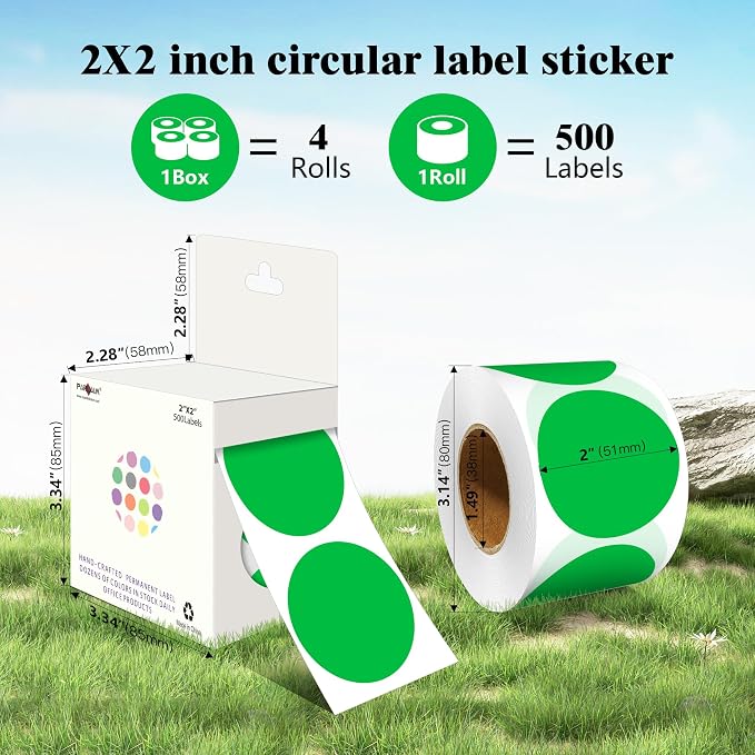 PARLAIM 2 Inch Round Adhesive Color-Code Dot Stickers,4Rolls/2000 per Rolls dots Label Dispenser Box, Circle Stickers Label Inch Coding Labels (Green)