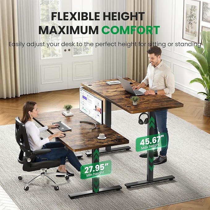 Brown 63x30 in Electric Standing Desk, 1 Inch Thick Tabletop | Double Beam Frame, Holds 220lbs, Sit Stand, 3 Memory Height Adjustment, Extra Deep Table Top, Black Frame