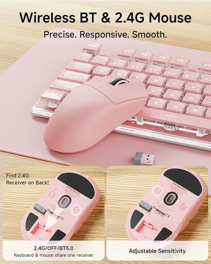 Wireless Keyboard and Mouse Combo with White Backlit Pudding Keycaps, Pink | Bluetooth & 2.4G Dual Mode, 2000mAh Rechargeable Full Size Quiet Computer Cute Keyboard for Windows PC Desktop, EWEADN V3