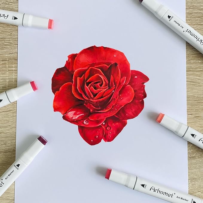 Arhomet 6 Colors Red Rose Flower Colors Alcohol Markers Set, Dual Tips Art Markers Drawing Sketched Double Tipped for Adults Beginner Artists (Red)