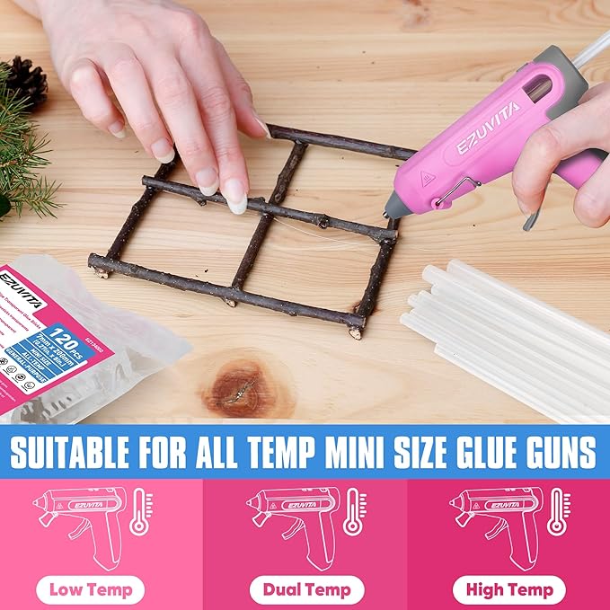 EZUVITA Mini Size Hot Glue Sticks, 0.27” Dia x 8” Long, 120-Pack Clear Hot Melt Glue Gun Sticks for All-Temp Mini Glue Guns, Multipurpose for DIY Art Craft General Repairs, Festival Decorations